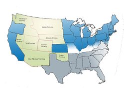 Map of the division of the states during the Civil War. Blue represents Union states; light blue, Union states that permitted slavery; gray, Confederate states; green, Territories.