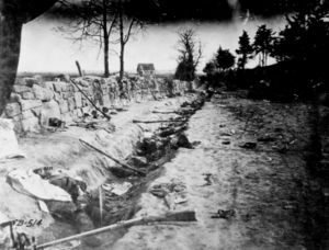Confederate dead behind the stone wall of Marye's Heights, Fredericksburg, Virginia, killed during the Battle of Chancellorsville, May 1863.