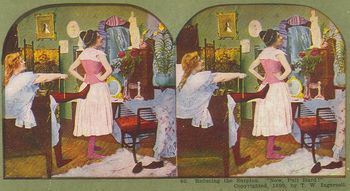Woman having her corset laced tight, from an 1899 stereoscope card. Original caption:  Reducing the Surplus. "Now, Pull Hard!" A small waist between a full bust and ample hips, such is the shibboleth of fashion, and the poor girl that relies on her figure to make a good impression, is sorely put to it, if nature has denied her the shape of a wasp or if she has not learned to rely on physical exercise to model her frame. A vigorous walk of ten miles a day, supplemented by ten minutes of lung gymnastics, would do wonders for her.