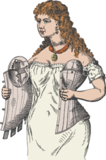 A woman putting a corset on. She is wearing a chemise underneath, and the corset has bosom pads.