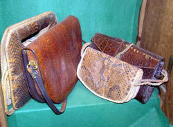Crocodile skin handbags in a conservation exhibit at Bristol Zoo, England
