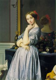 Jean Auguste Dominique Ingres depicts the Countesse d'Haussonville, wearing a dress.